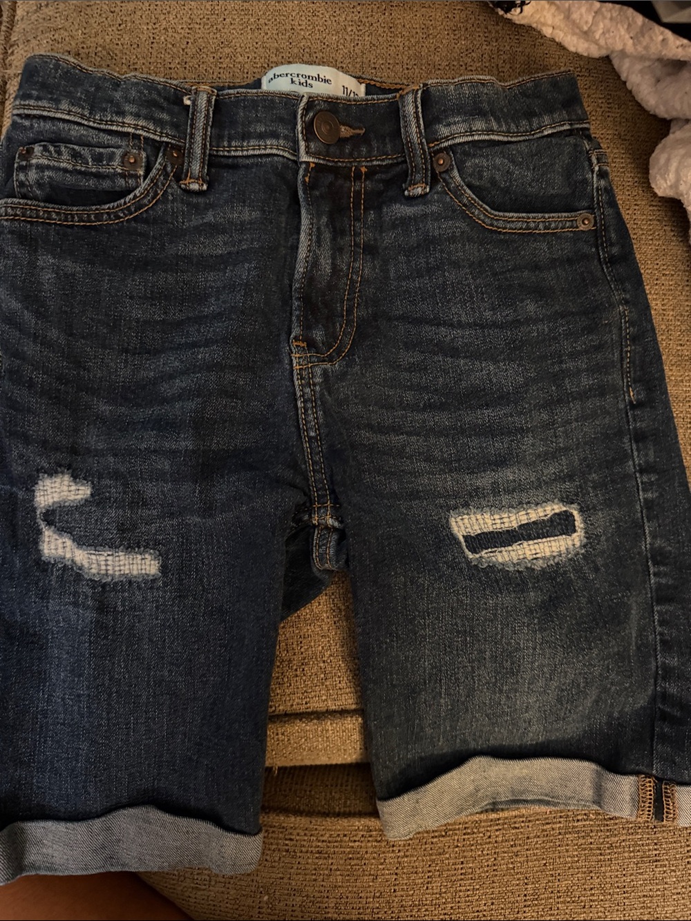 abercrombie kids dark navy distressed roll-cuff denim shorts